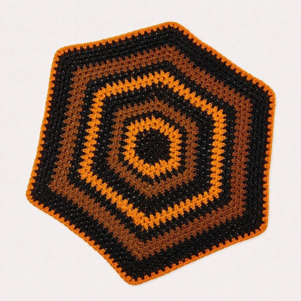 Vintage Crochet Hexagon Baby Blanket Lap Afghan Retro 1970s Orange Brown Black